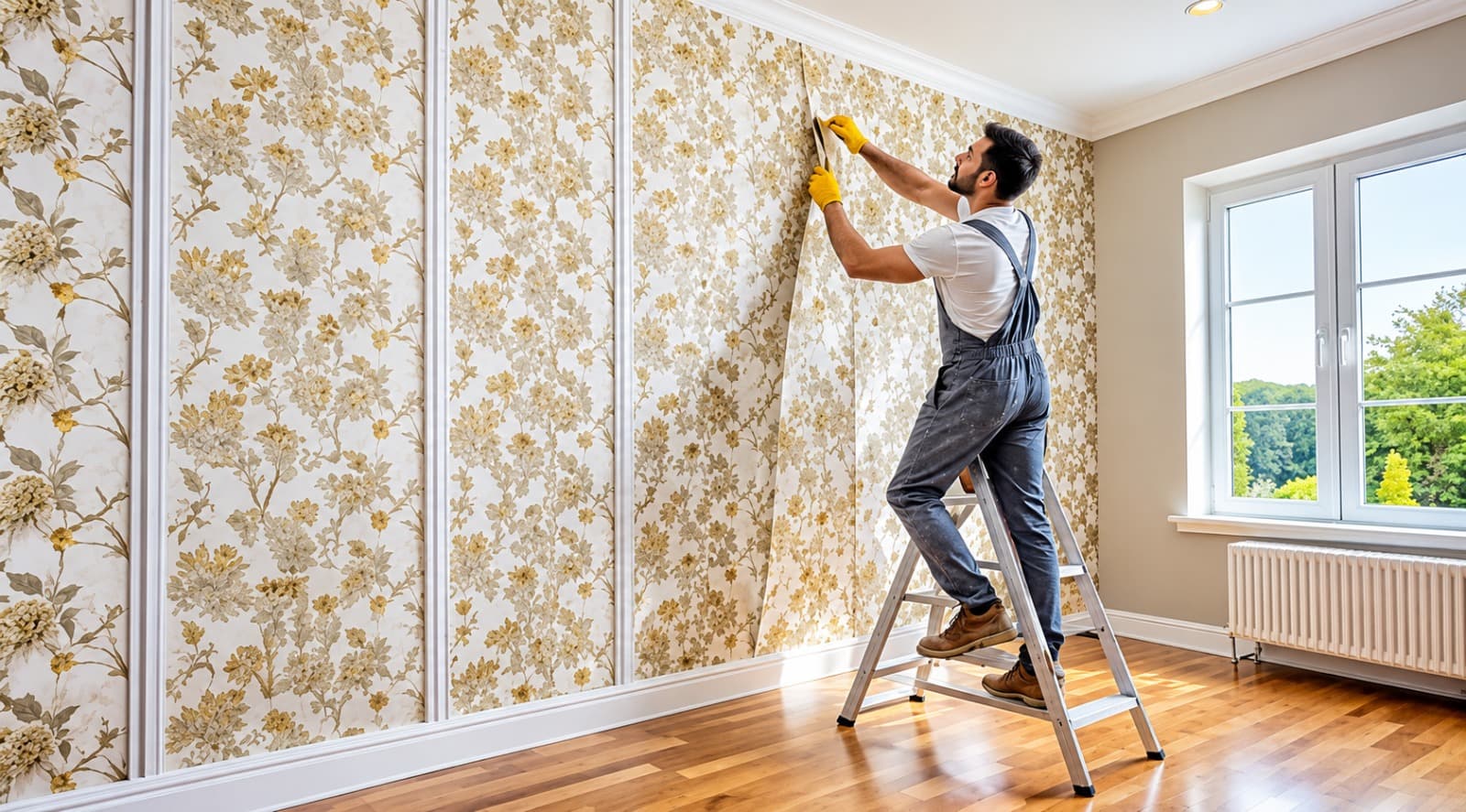 Professional painter holding fresh cyan paint roller in modern interior